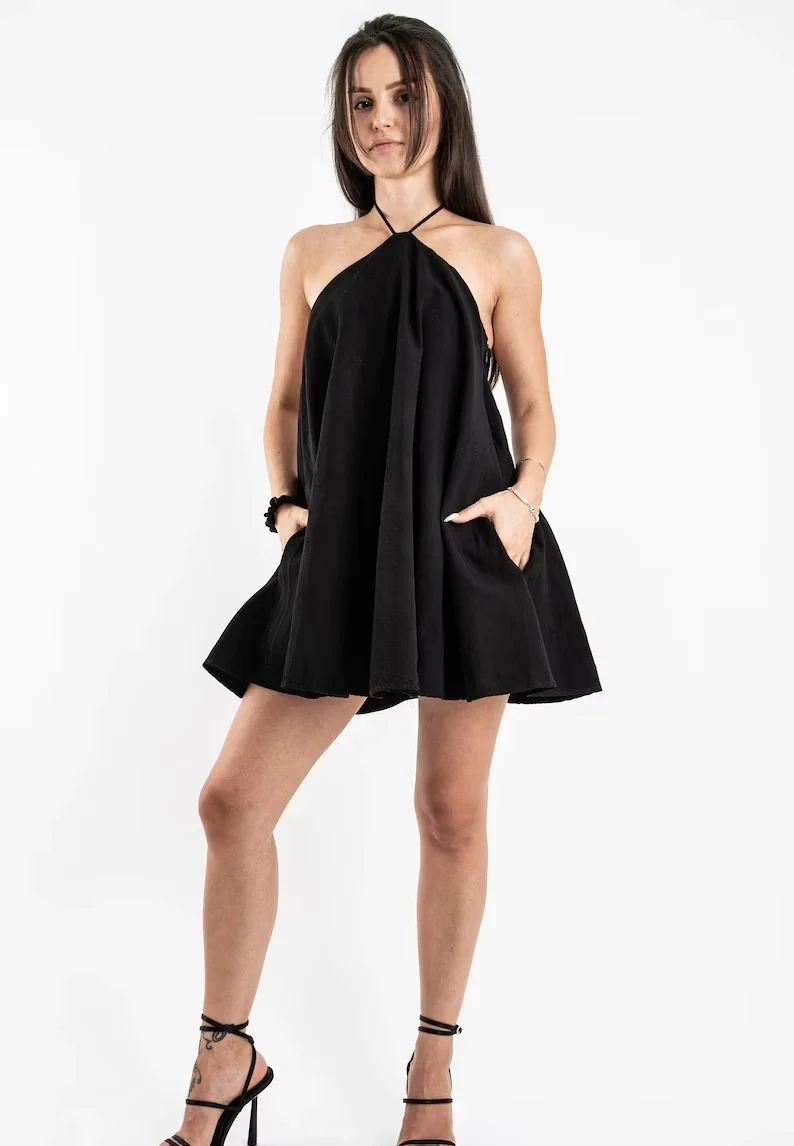 Black Linen Party Open Back Dress