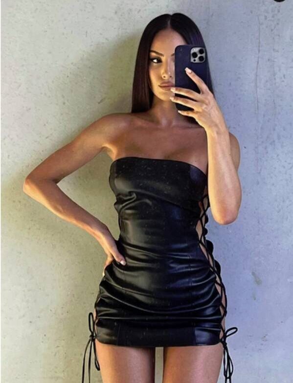 Faux Leather Lace Up Mini Baddies Dress - Black